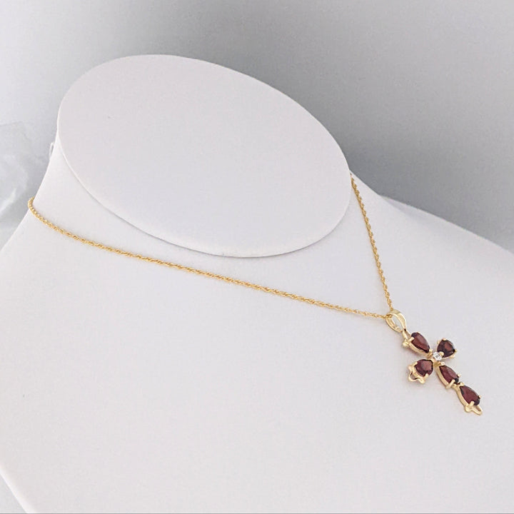 14K GARNET PEAR (5) 4X6 WITH MELEE ESTATE CROSS PENDANT &amp; CHAIN 3.0 GRAMS