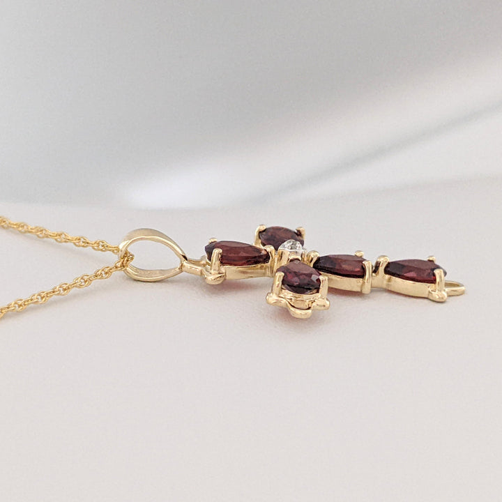 14K GARNET PEAR (5) 4X6 WITH MELEE ESTATE CROSS PENDANT &amp; CHAIN 3.0 GRAMS