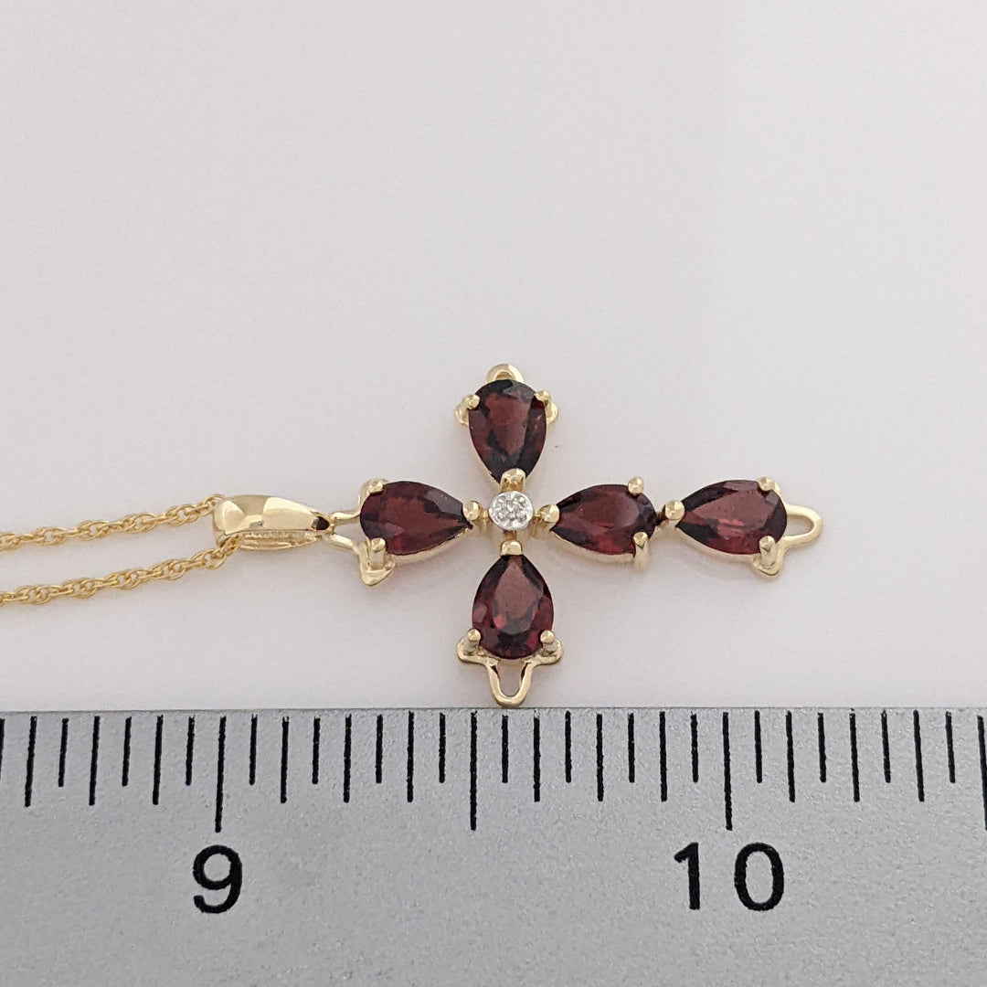 14K GARNET PEAR (5) 4X6 WITH MELEE ESTATE CROSS PENDANT &amp; CHAIN 3.0 GRAMS