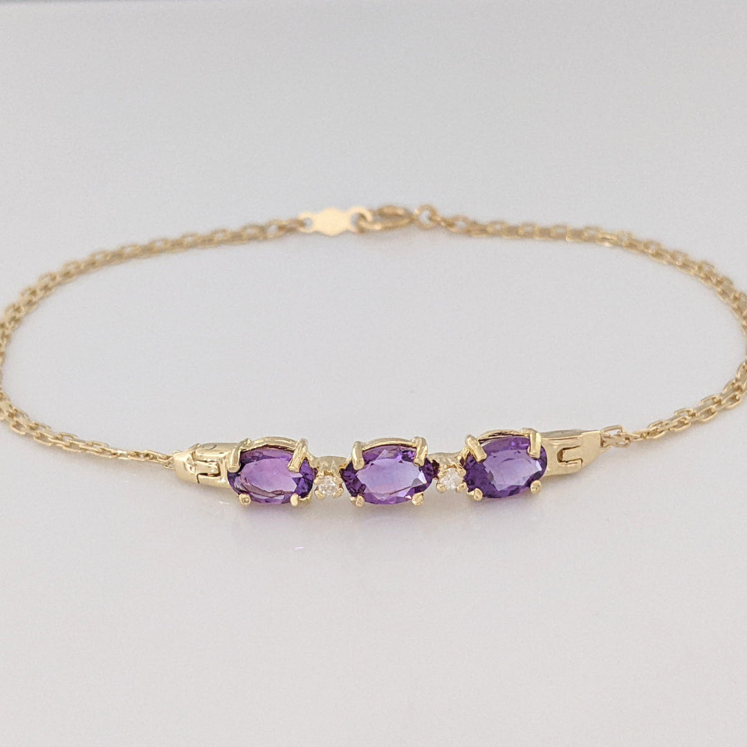 14K AMETHYST OVAL (3) 5X7 WITH (2) MELEE ESTATE BRACELET 3.6 GRAMS