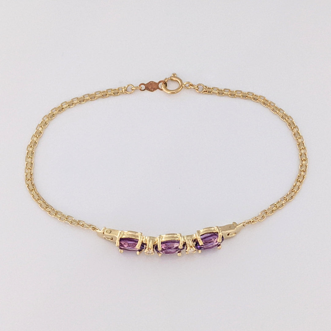 14K AMETHYST OVAL (3) 5X7 WITH (2) MELEE ESTATE BRACELET 3.6 GRAMS