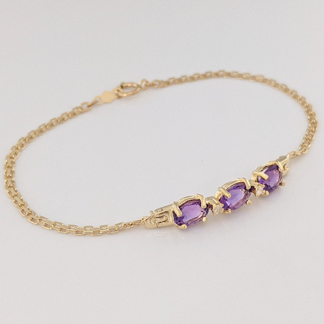 14K AMETHYST OVAL (3) 5X7 WITH (2) MELEE ESTATE BRACELET 3.6 GRAMS