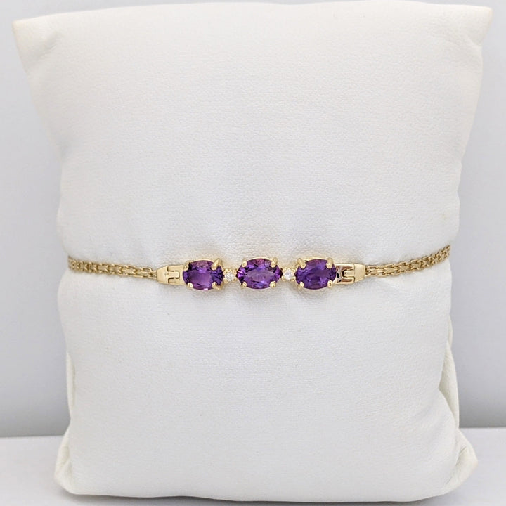 14K AMETHYST OVAL (3) 5X7 WITH (2) MELEE ESTATE BRACELET 3.6 GRAMS