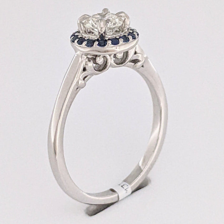 14K WHITE .71 CARAT TOTAL SI1 H DIAMOND ROUND WITH (16) ROUND SAPPHIRE HALO ESTATE RING 3.6 GRAMS