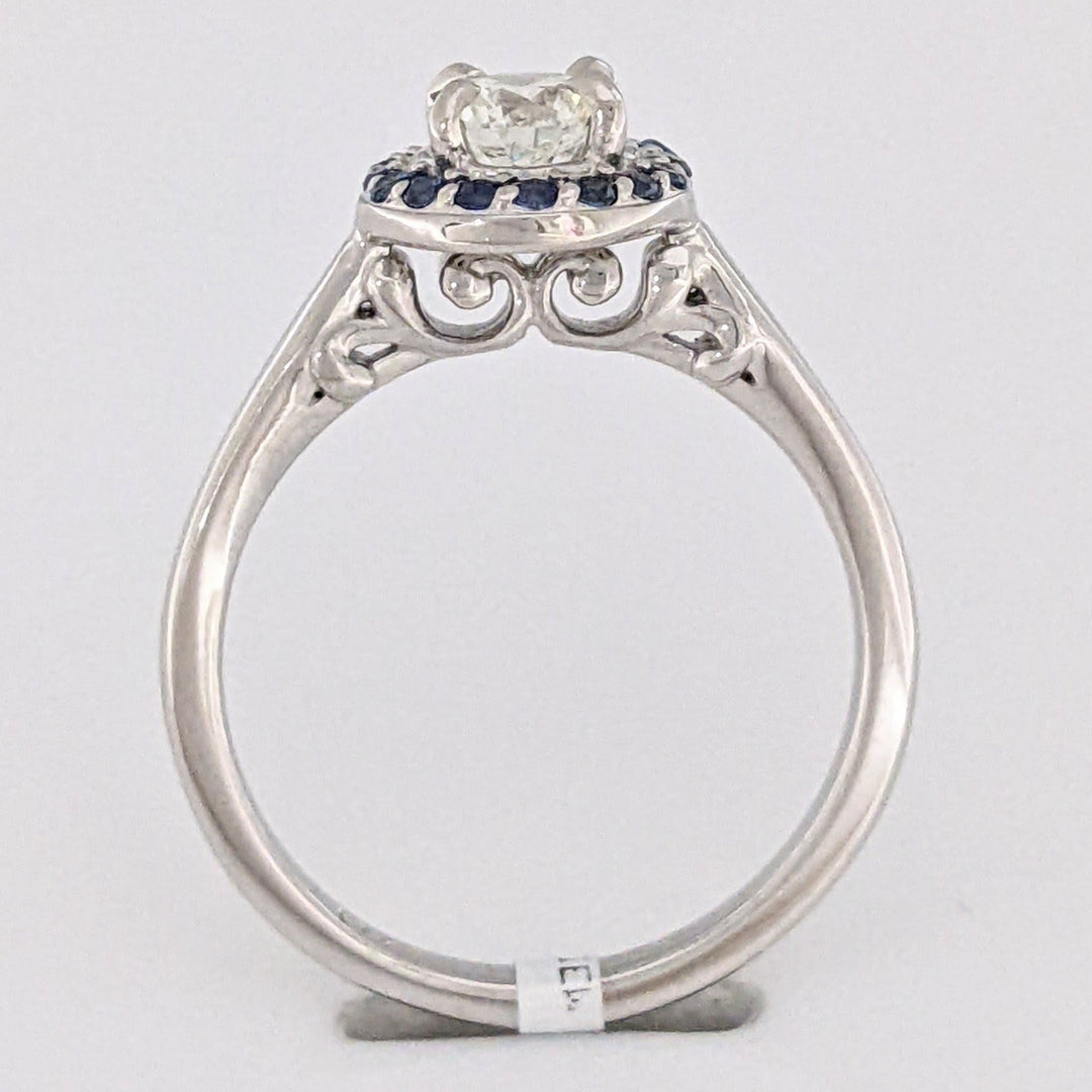 14K WHITE .71 CARAT TOTAL SI1 H DIAMOND ROUND WITH (16) ROUND SAPPHIRE HALO ESTATE RING 3.6 GRAMS