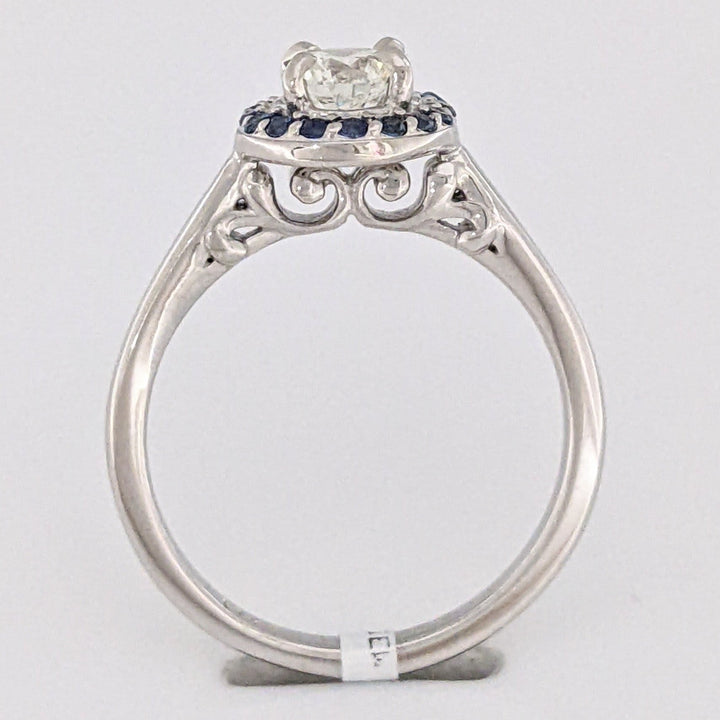 14K WHITE .71 CARAT TOTAL SI1 H DIAMOND ROUND WITH (16) ROUND SAPPHIRE HALO ESTATE RING 3.6 GRAMS