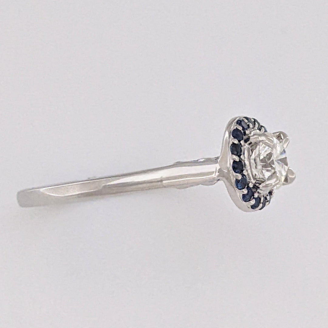 14K WHITE .71 CARAT TOTAL SI1 H DIAMOND ROUND WITH (16) ROUND SAPPHIRE HALO ESTATE RING 3.6 GRAMS