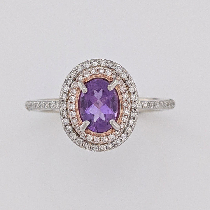 14K WHITE/ROSE AMETHYST OVAL 5X7 WITH .30 DIAMOND TOTAL WEIGHT DOUBLE HALO ESTATE RING 3.7 GRAMS