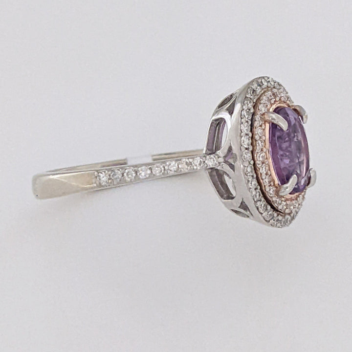 14K WHITE/ROSE AMETHYST OVAL 5X7 WITH .30 DIAMOND TOTAL WEIGHT DOUBLE HALO ESTATE RING 3.7 GRAMS