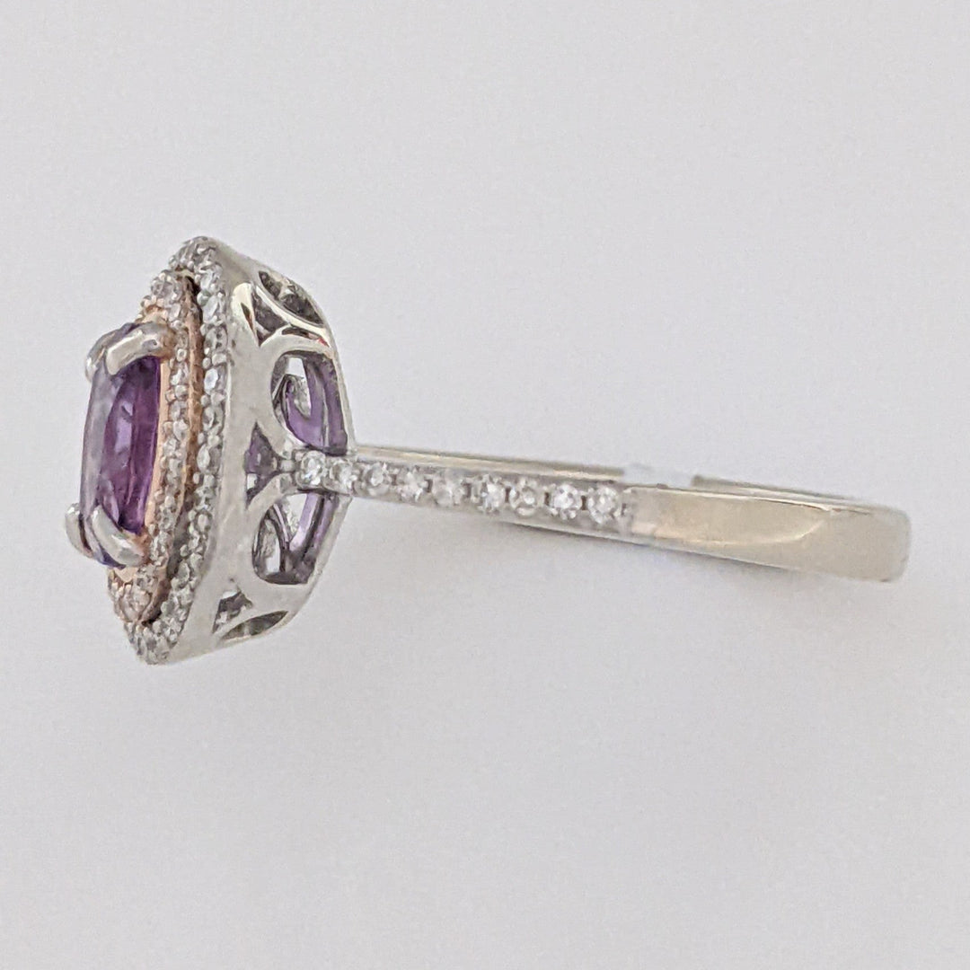 14K WHITE/ROSE AMETHYST OVAL 5X7 WITH .30 DIAMOND TOTAL WEIGHT DOUBLE HALO ESTATE RING 3.7 GRAMS