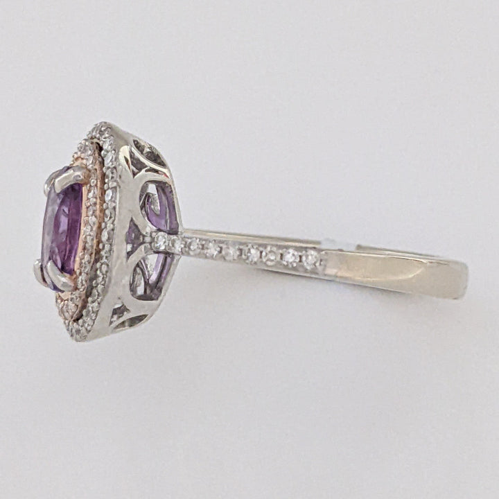 14K WHITE/ROSE AMETHYST OVAL 5X7 WITH .30 DIAMOND TOTAL WEIGHT DOUBLE HALO ESTATE RING 3.7 GRAMS