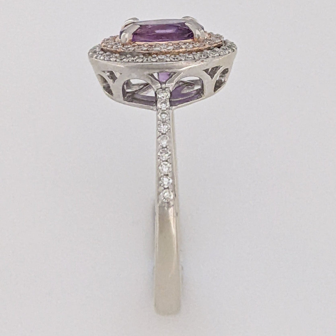 14K WHITE/ROSE AMETHYST OVAL 5X7 WITH .30 DIAMOND TOTAL WEIGHT DOUBLE HALO ESTATE RING 3.7 GRAMS