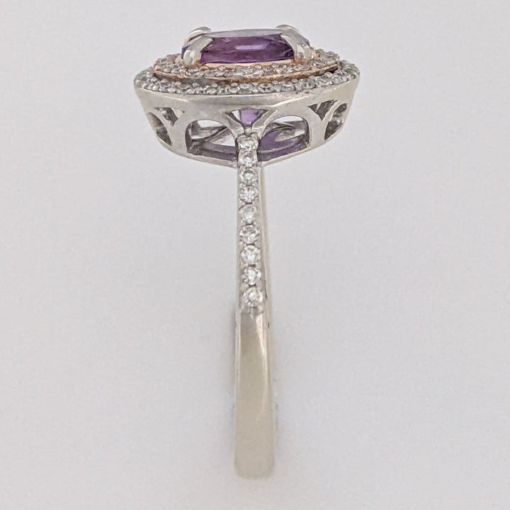 14K WHITE/ROSE AMETHYST OVAL 5X7 WITH .30 DIAMOND TOTAL WEIGHT DOUBLE HALO ESTATE RING 3.7 GRAMS