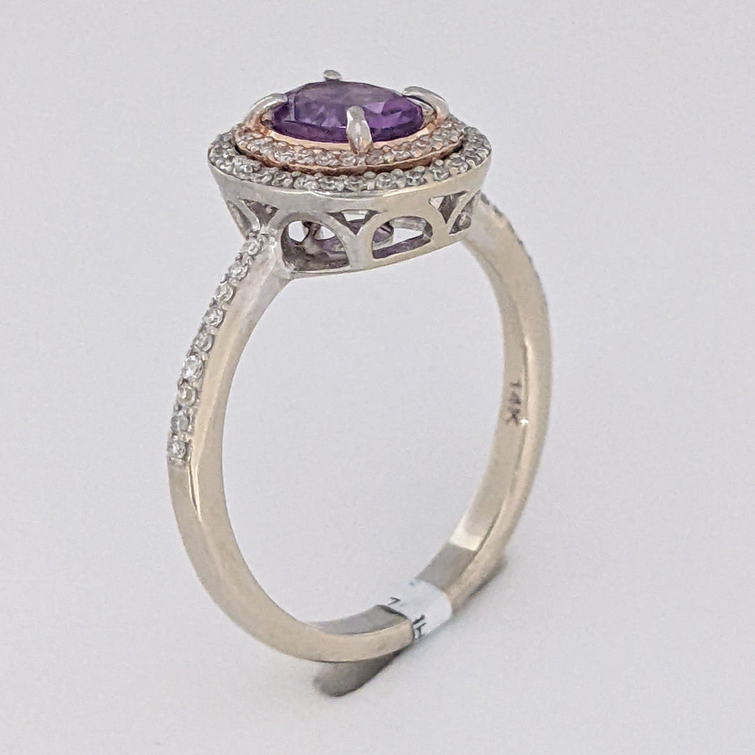 14K WHITE/ROSE AMETHYST OVAL 5X7 WITH .30 DIAMOND TOTAL WEIGHT DOUBLE HALO ESTATE RING 3.7 GRAMS