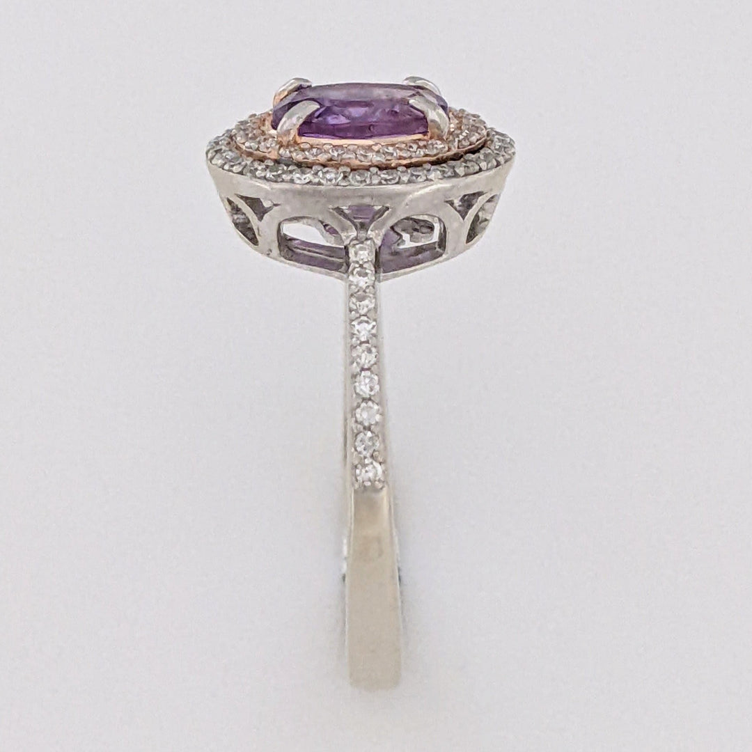 14K WHITE/ROSE AMETHYST OVAL 5X7 WITH .30 DIAMOND TOTAL WEIGHT DOUBLE HALO ESTATE RING 3.7 GRAMS