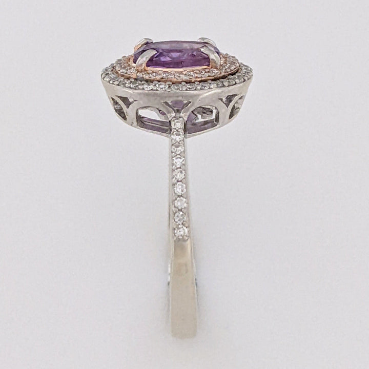 14K WHITE/ROSE AMETHYST OVAL 5X7 WITH .30 DIAMOND TOTAL WEIGHT DOUBLE HALO ESTATE RING 3.7 GRAMS