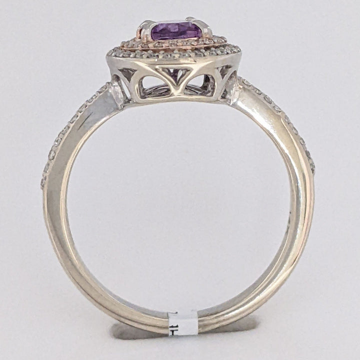14K WHITE/ROSE AMETHYST OVAL 5X7 WITH .30 DIAMOND TOTAL WEIGHT DOUBLE HALO ESTATE RING 3.7 GRAMS