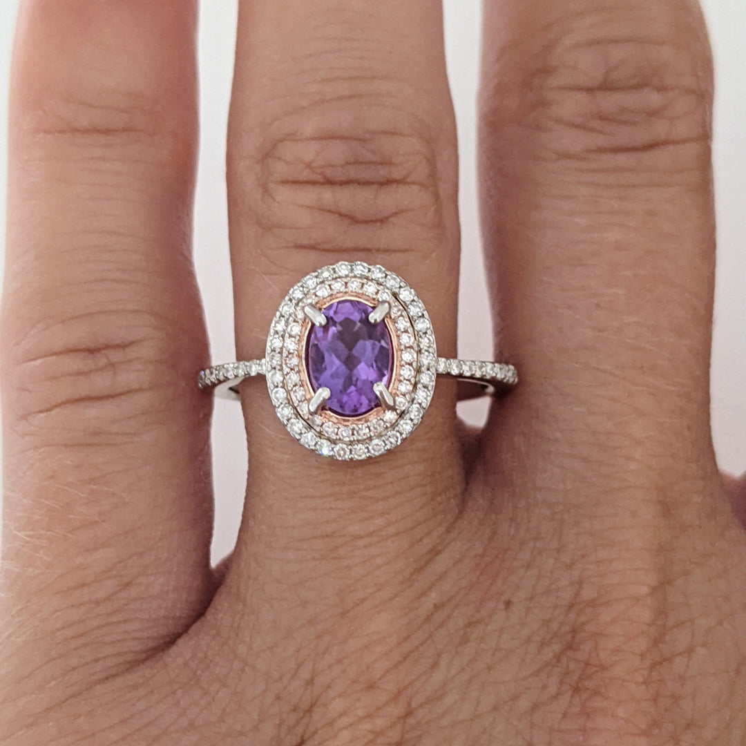 14K WHITE/ROSE AMETHYST OVAL 5X7 WITH .30 DIAMOND TOTAL WEIGHT DOUBLE HALO ESTATE RING 3.7 GRAMS