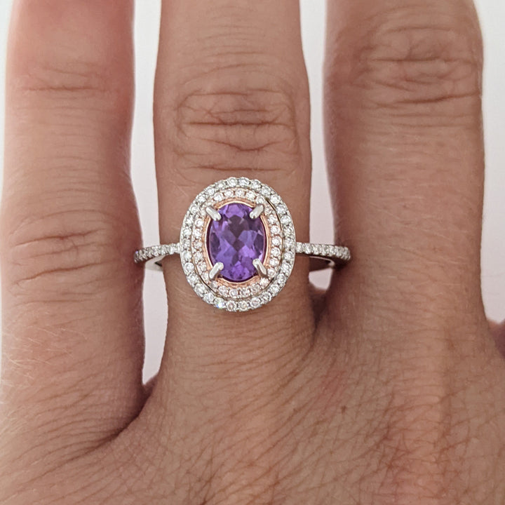 14K WHITE/ROSE AMETHYST OVAL 5X7 WITH .30 DIAMOND TOTAL WEIGHT DOUBLE HALO ESTATE RING 3.7 GRAMS