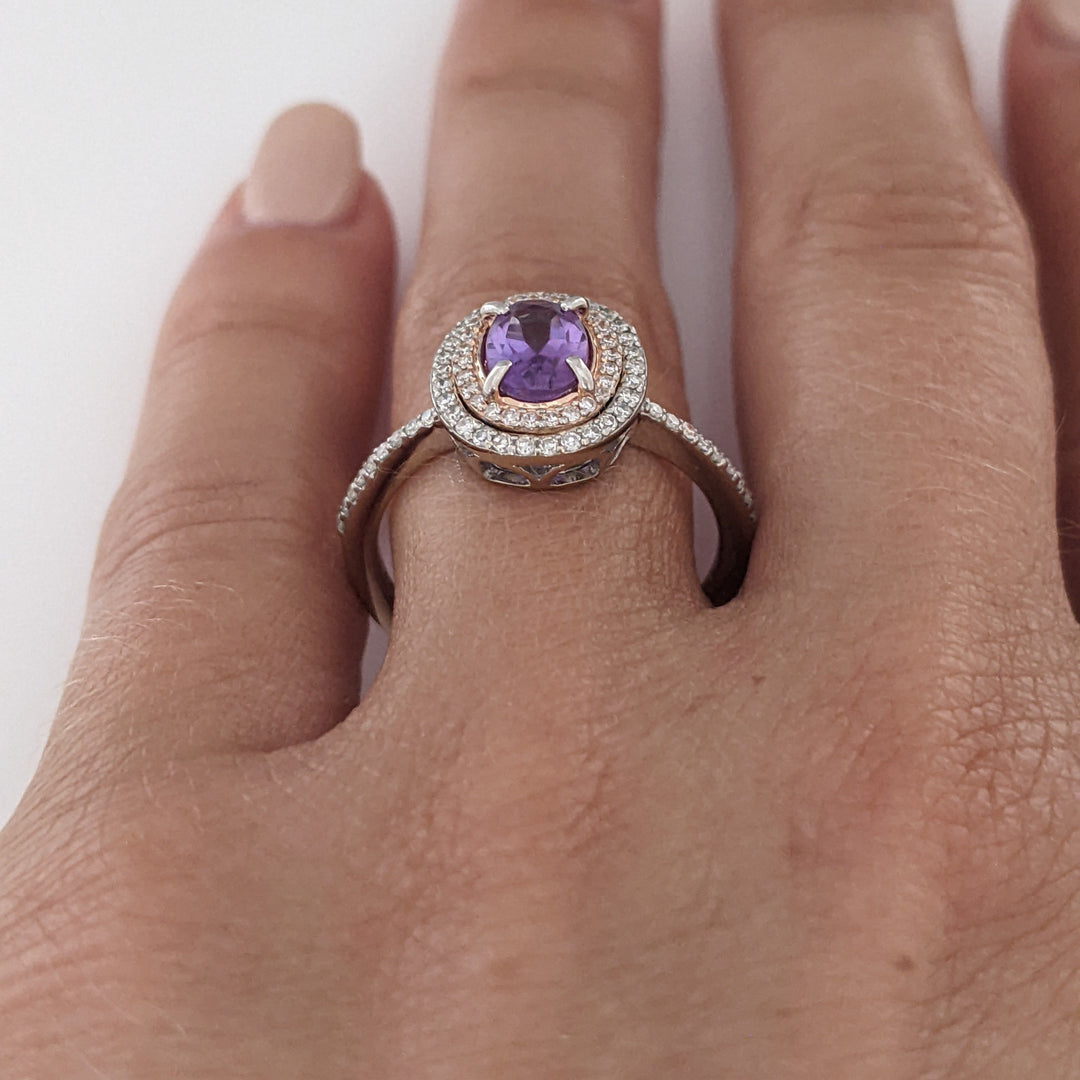 14K WHITE/ROSE AMETHYST OVAL 5X7 WITH .30 DIAMOND TOTAL WEIGHT DOUBLE HALO ESTATE RING 3.7 GRAMS