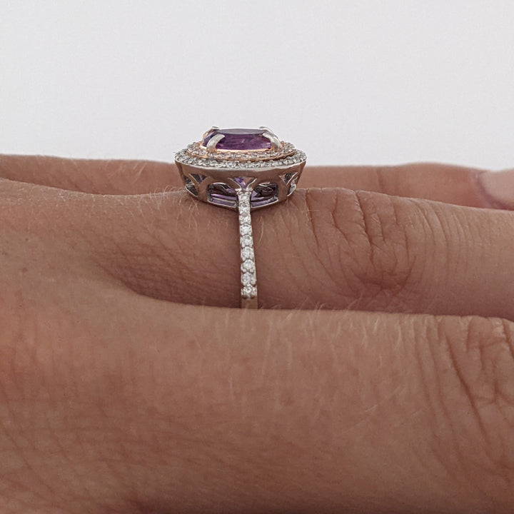 14K WHITE/ROSE AMETHYST OVAL 5X7 WITH .30 DIAMOND TOTAL WEIGHT DOUBLE HALO ESTATE RING 3.7 GRAMS