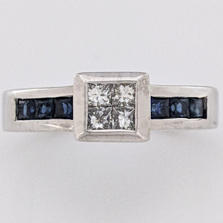 14K WHITE .24 CARAT TOTAL WEIGHT DIAMOND PRINCESS CUT VS1 H (4) WITH SAPPHIRE PRINCESS CUT (6) ESTATE RING 4.7 GRAMS