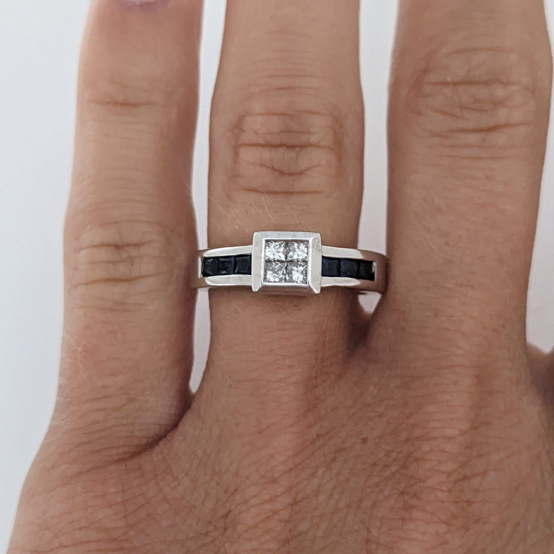 14K WHITE .24 CARAT TOTAL WEIGHT DIAMOND PRINCESS CUT VS1 H (4) WITH SAPPHIRE PRINCESS CUT (6) ESTATE RING 4.7 GRAMS