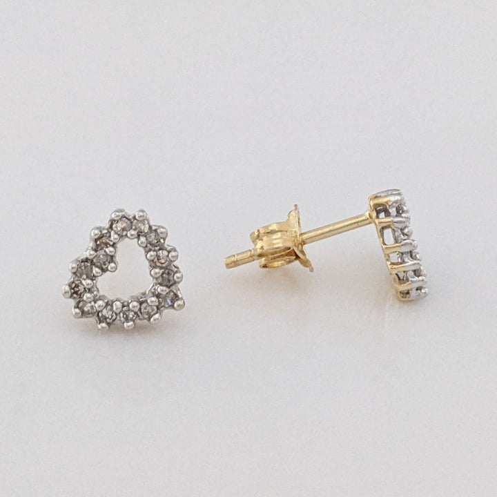 14K TWO-TONE DIAMOND ROUND (28) OPEN HEART ESTATE STUD EARRINGS 0.9 GRAMS