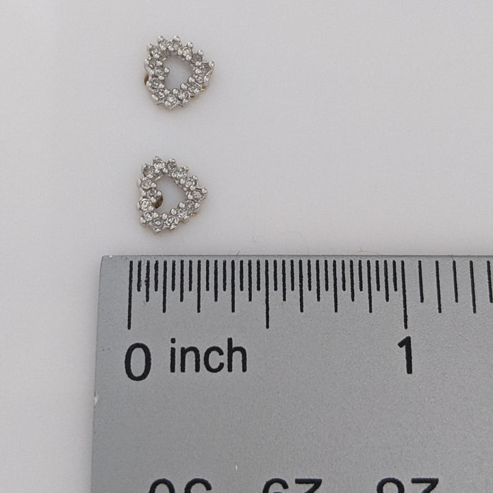 14K TWO-TONE DIAMOND ROUND (28) OPEN HEART ESTATE STUD EARRINGS 0.9 GRAMS