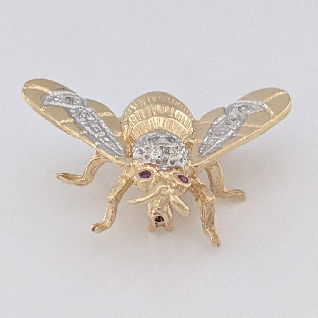 14K BEE PIN WITH (2) ROUND RUBY EYES &amp; MELEE ESTATE PIN 4.3 GRAMS