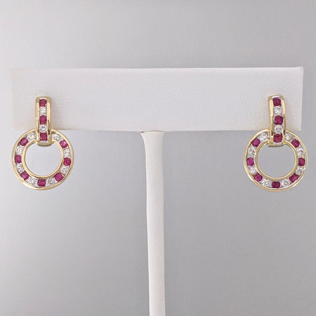 14K RUBY ROUND (20) DIAMOND ROUND (20) CHANNEL ESTATE DANGLE EARRINGS 5.1 GRAMS