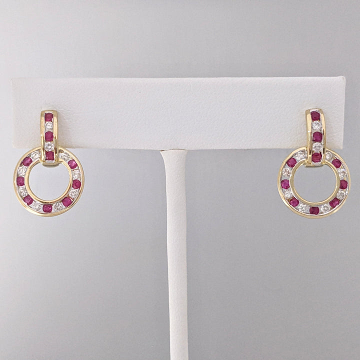 14K RUBY ROUND (20) DIAMOND ROUND (20) CHANNEL ESTATE DANGLE EARRINGS 5.1 GRAMS