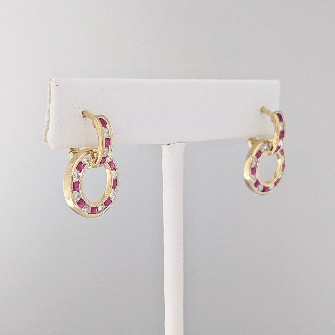 14K RUBY ROUND (20) DIAMOND ROUND (20) CHANNEL ESTATE DANGLE EARRINGS 5.1 GRAMS