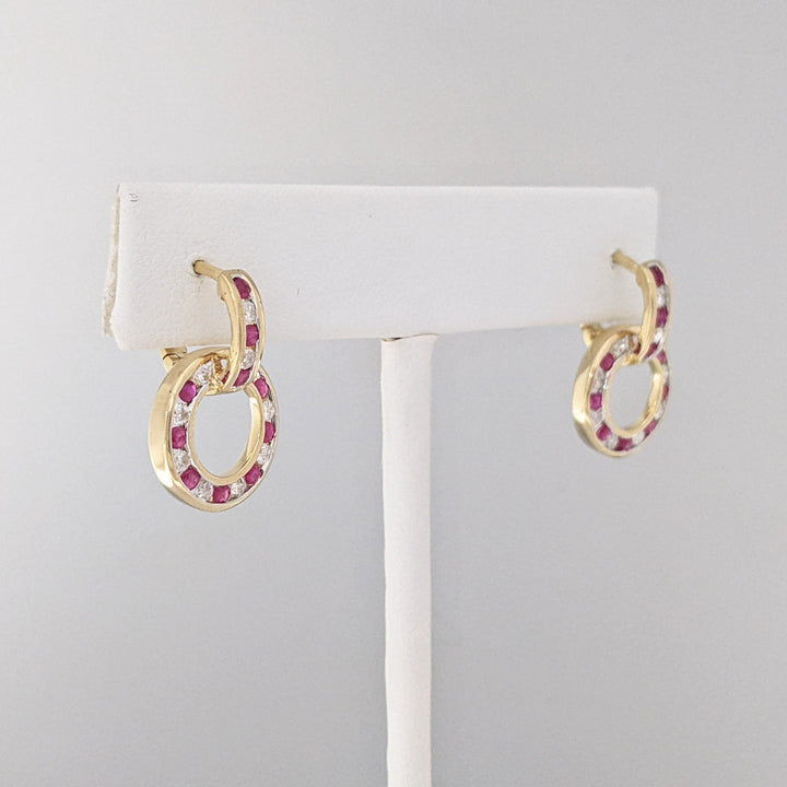 14K RUBY ROUND (20) DIAMOND ROUND (20) CHANNEL ESTATE DANGLE EARRINGS 5.1 GRAMS