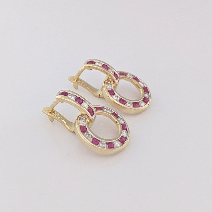 14K RUBY ROUND (20) DIAMOND ROUND (20) CHANNEL ESTATE DANGLE EARRINGS 5.1 GRAMS