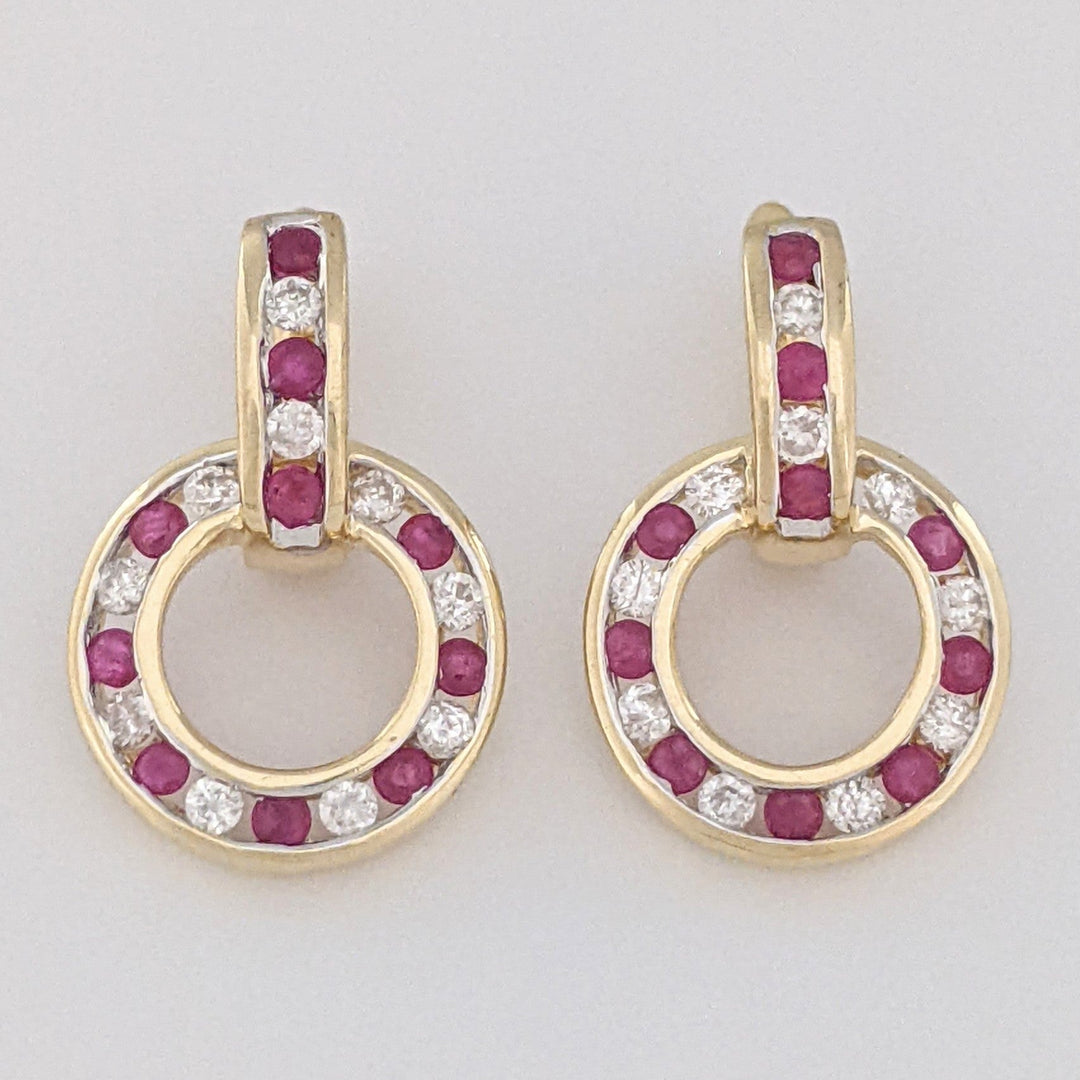 14K RUBY ROUND (20) DIAMOND ROUND (20) CHANNEL ESTATE DANGLE EARRINGS 5.1 GRAMS