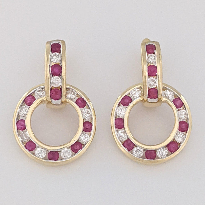 14K RUBY ROUND (20) DIAMOND ROUND (20) CHANNEL ESTATE DANGLE EARRINGS 5.1 GRAMS