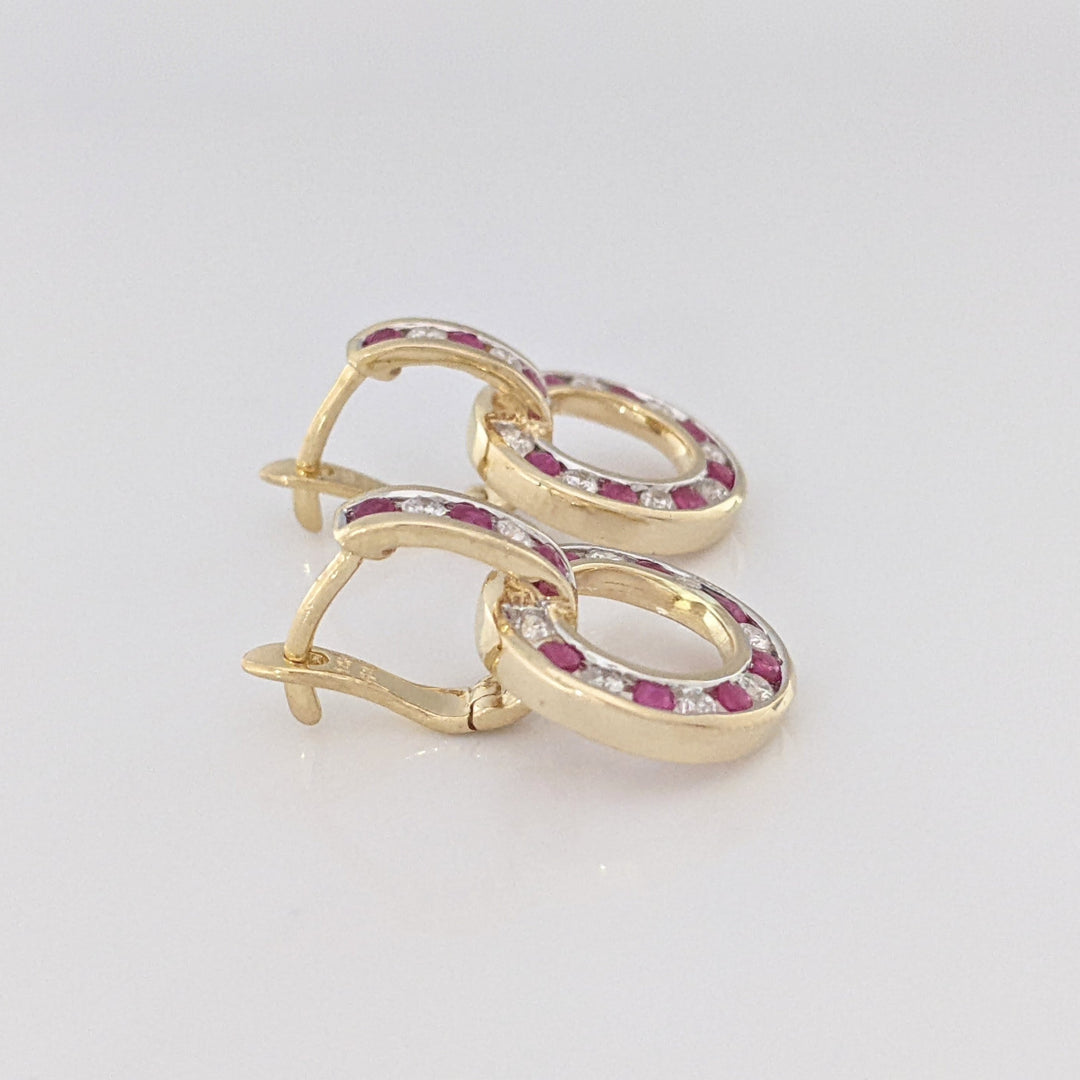 14K RUBY ROUND (20) DIAMOND ROUND (20) CHANNEL ESTATE DANGLE EARRINGS 5.1 GRAMS