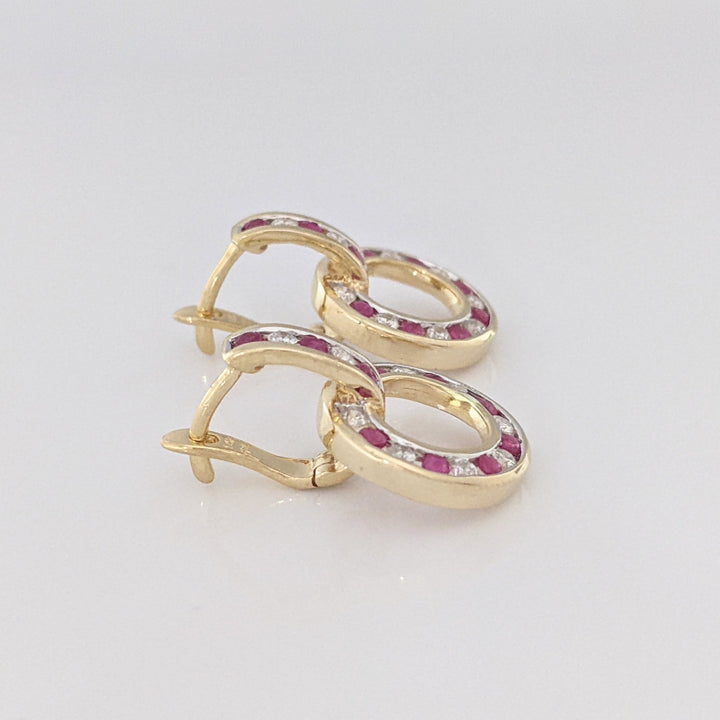 14K RUBY ROUND (20) DIAMOND ROUND (20) CHANNEL ESTATE DANGLE EARRINGS 5.1 GRAMS