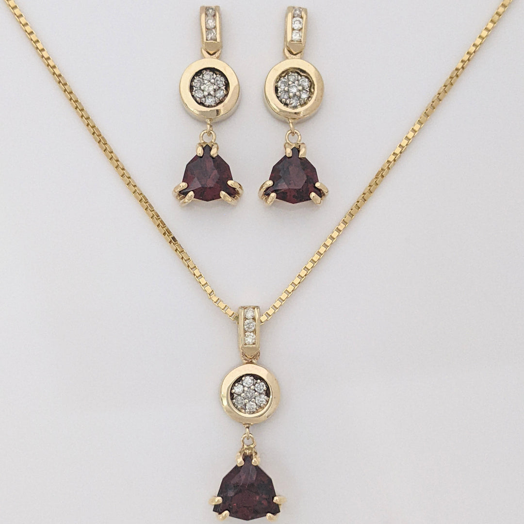 14K GARNET TRILLION CUT 9MM (3) WITH (30) MELEE ESTATE EARRING, PENDANT &amp; CHAIN ESTATE SET 14.1 GRAMS