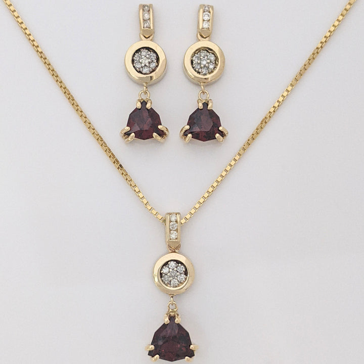 14K GARNET TRILLION CUT 9MM (3) WITH (30) MELEE ESTATE EARRING, PENDANT &amp; CHAIN ESTATE SET 14.1 GRAMS