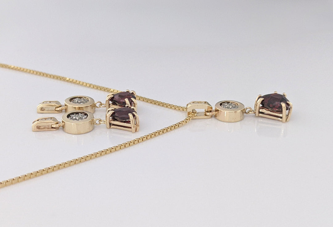 14K GARNET TRILLION CUT 9MM (3) WITH (30) MELEE ESTATE EARRING, PENDANT &amp; CHAIN ESTATE SET 14.1 GRAMS