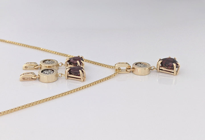 14K GARNET TRILLION CUT 9MM (3) WITH (30) MELEE ESTATE EARRING, PENDANT &amp; CHAIN ESTATE SET 14.1 GRAMS