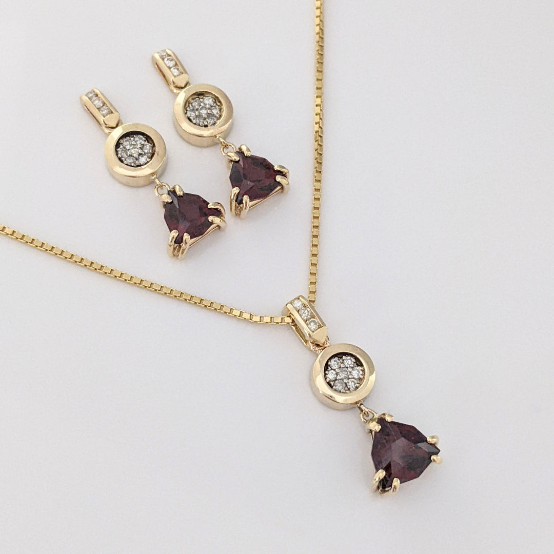 14K GARNET TRILLION CUT 9MM (3) WITH (30) MELEE ESTATE EARRING, PENDANT &amp; CHAIN ESTATE SET 14.1 GRAMS
