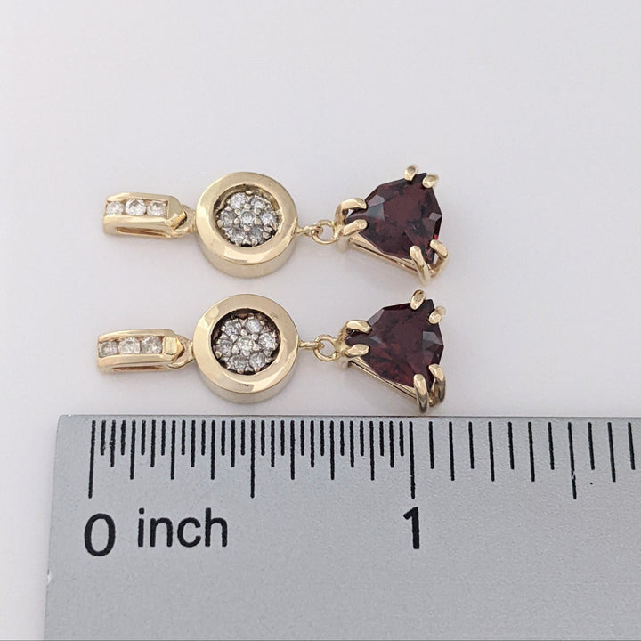 14K GARNET TRILLION CUT 9MM (3) WITH (30) MELEE ESTATE EARRING, PENDANT &amp; CHAIN ESTATE SET 14.1 GRAMS