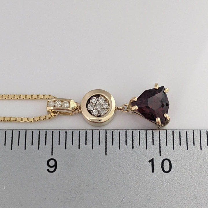 14K GARNET TRILLION CUT 9MM (3) WITH (30) MELEE ESTATE EARRING, PENDANT &amp; CHAIN ESTATE SET 14.1 GRAMS