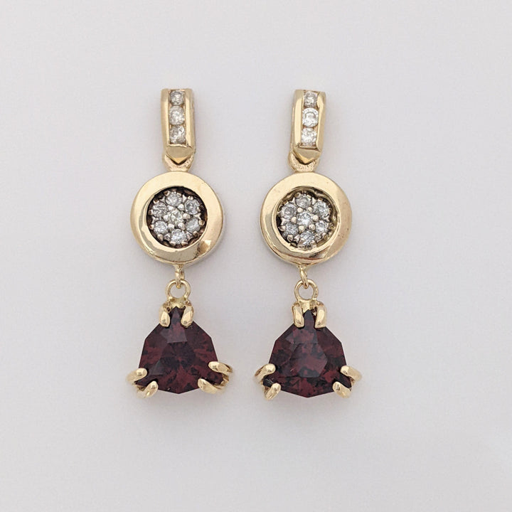 14K GARNET TRILLION CUT 9MM (3) WITH (30) MELEE ESTATE EARRING, PENDANT &amp; CHAIN ESTATE SET 14.1 GRAMS