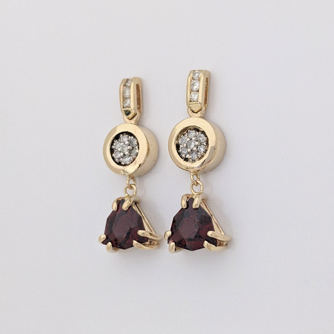 14K GARNET TRILLION CUT 9MM (3) WITH (30) MELEE ESTATE EARRING, PENDANT &amp; CHAIN ESTATE SET 14.1 GRAMS