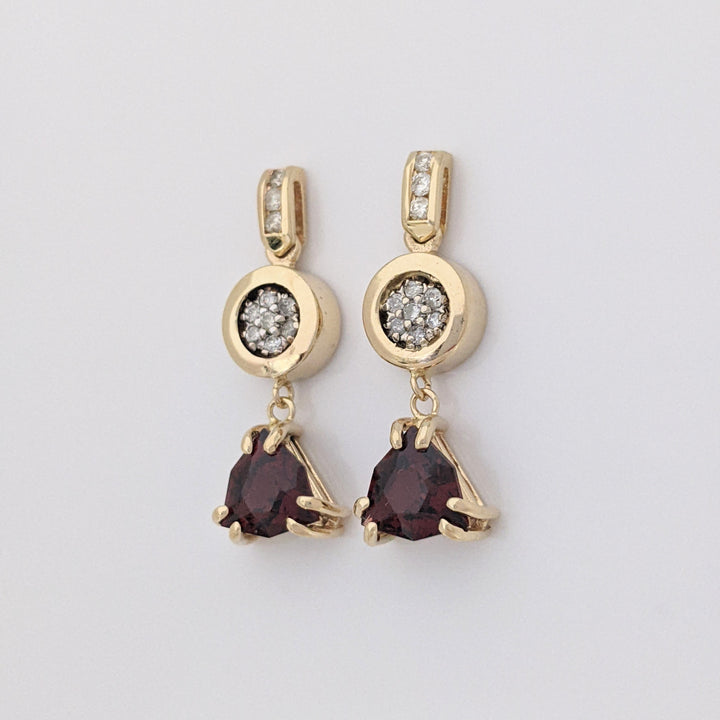 14K GARNET TRILLION CUT 9MM (3) WITH (30) MELEE ESTATE EARRING, PENDANT &amp; CHAIN ESTATE SET 14.1 GRAMS