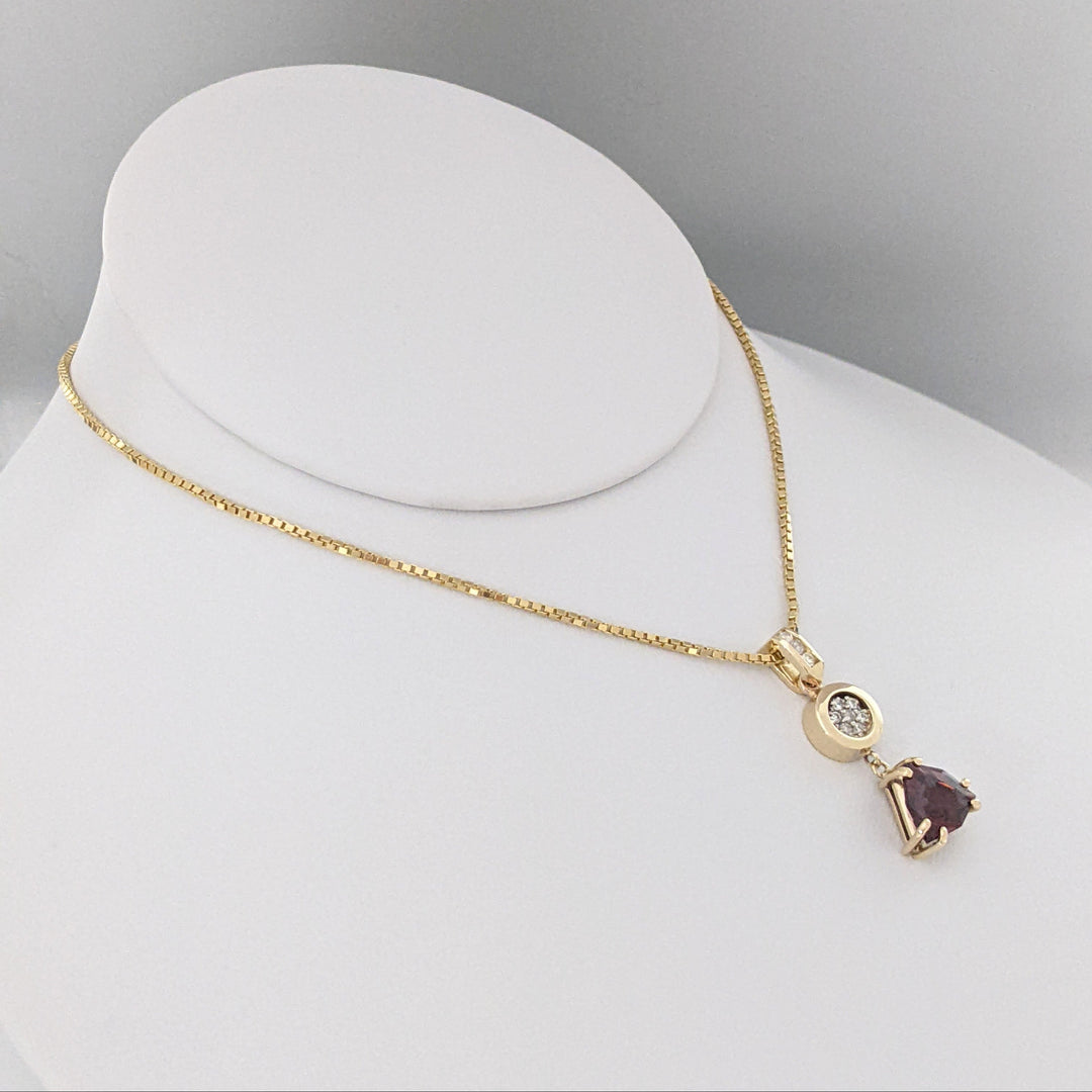 14K GARNET TRILLION CUT 9MM (3) WITH (30) MELEE ESTATE EARRING, PENDANT &amp; CHAIN ESTATE SET 14.1 GRAMS